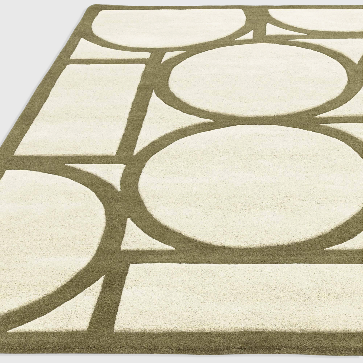 Alvo Rugs Metra Khaki rug with a geometric circle pattern, hand-tufted from 100% wool with a high-low pile texture.