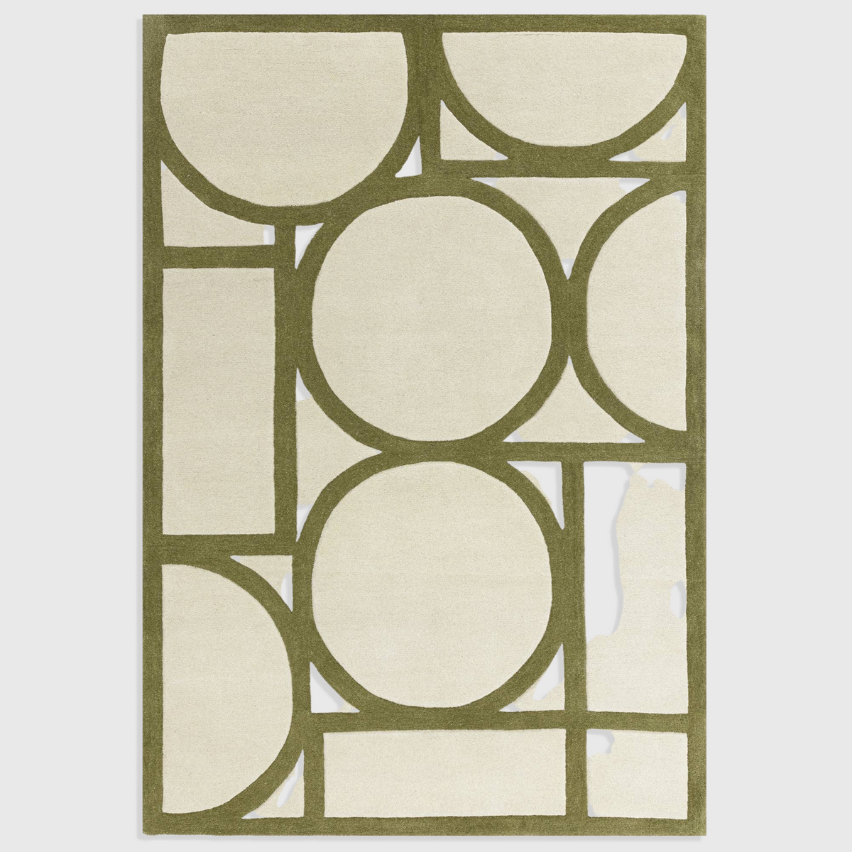 Alvo Rugs Metra khaki wool rug featuring a modern geometric pattern with high-low pile and soft green tones.