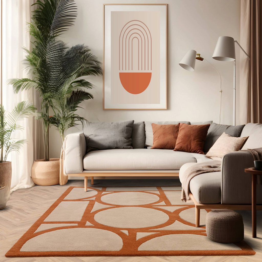 Alvo Rugs Metra Rust wool rug with geometric orange and beige pattern in a modern living room setting