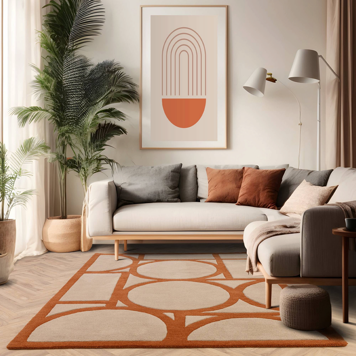 Alvo Rugs Metra Rust wool rug with geometric orange and beige pattern in a modern living room setting