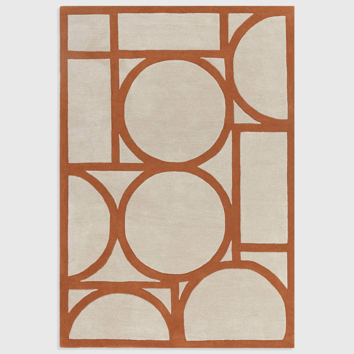 Alvo Rugs Metra rust and cream wool rug with a hand-tufted geometric pattern and high-low pile texture.
