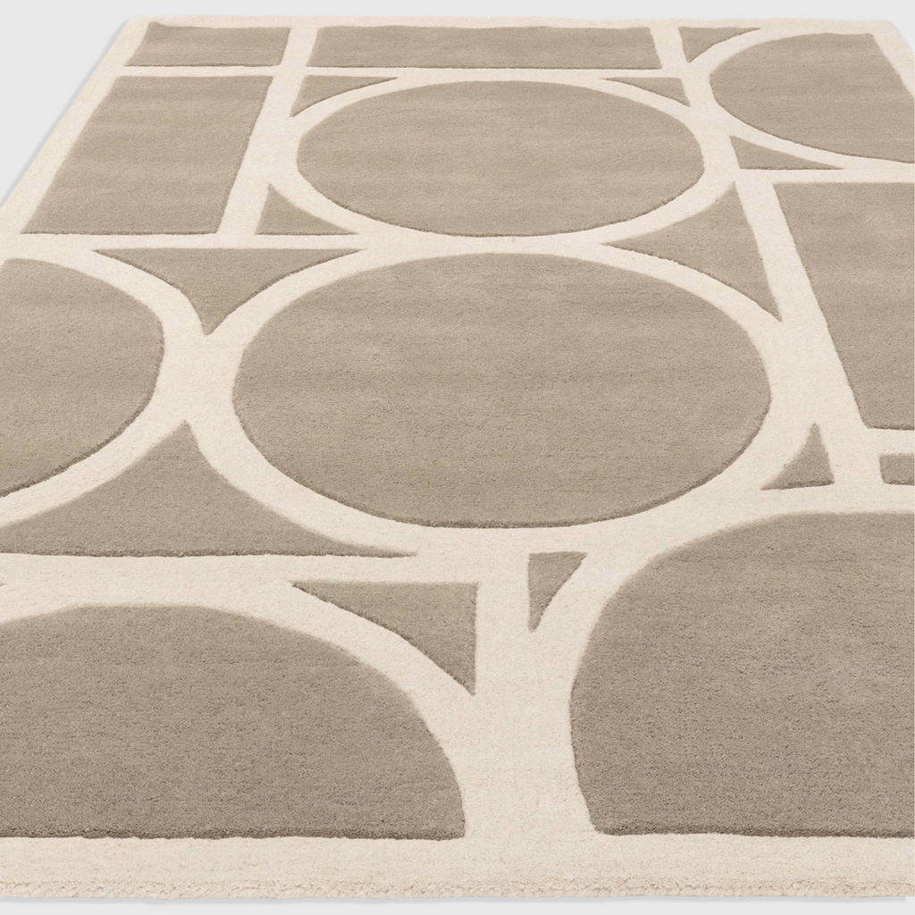 Alvo Rugs Metra taupe and beige wool rug with a modern geometric circle pattern and high-low pile texture.