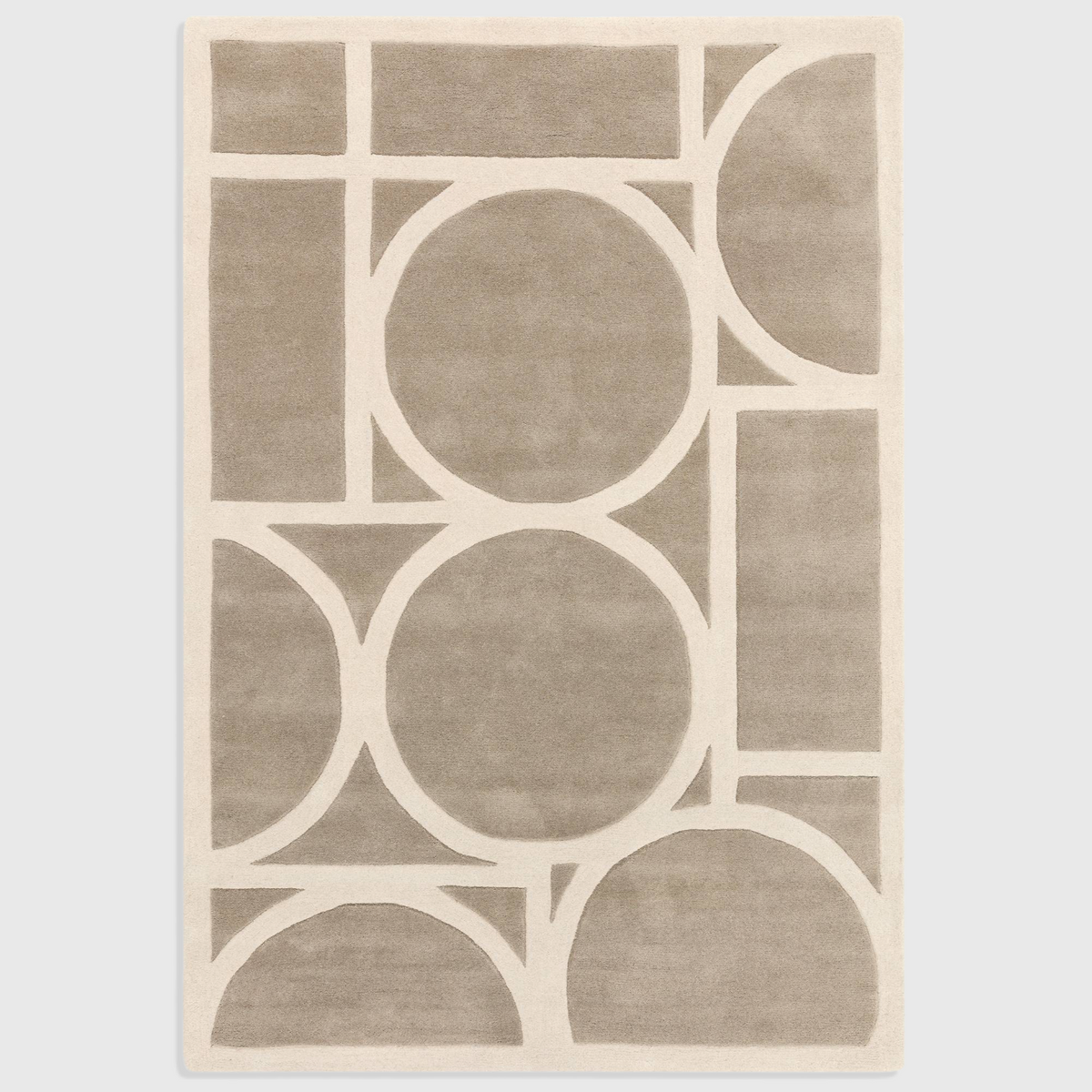 Alvo Rugs Metra taupe wool rug featuring a modern geometric pattern with high-low pile and hand-tufted construction.