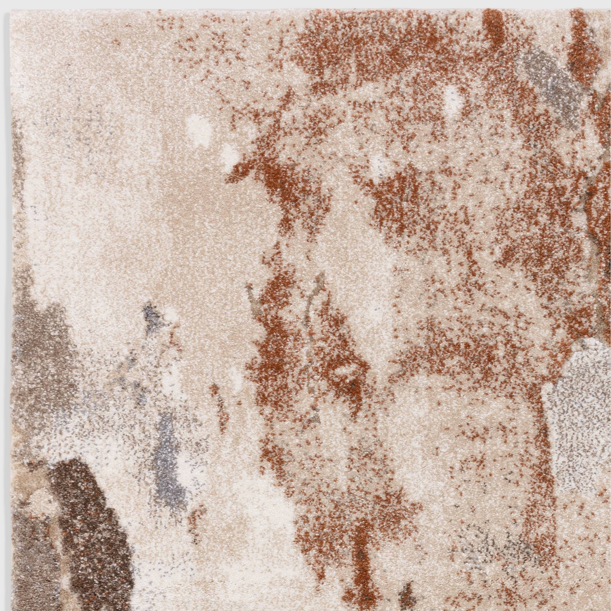 Alvo Rugs Miraga Blur Terra rug featuring a shaggy high-low pile with abstract orange and beige textured patterns.