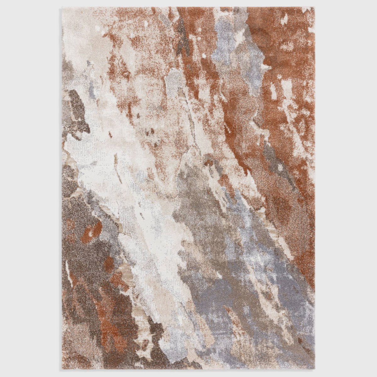 Alvo Rugs Miraga Blur Terra shaggy rug with abstract orange and grey high-low pile patterns on a white background.