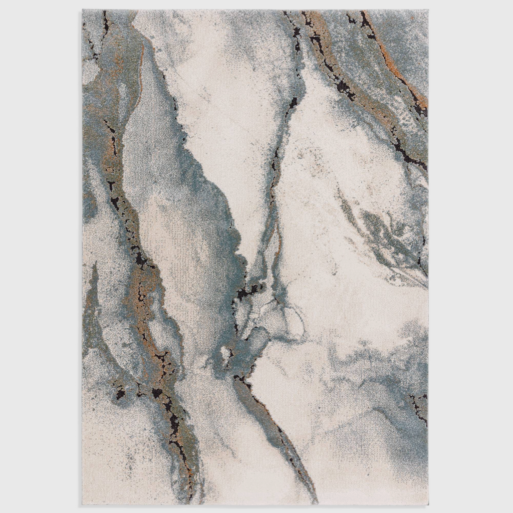 Alvo Rugs Miraga Oasis blue shaggy rug with abstract marble-inspired patterns and high-low textured pile.