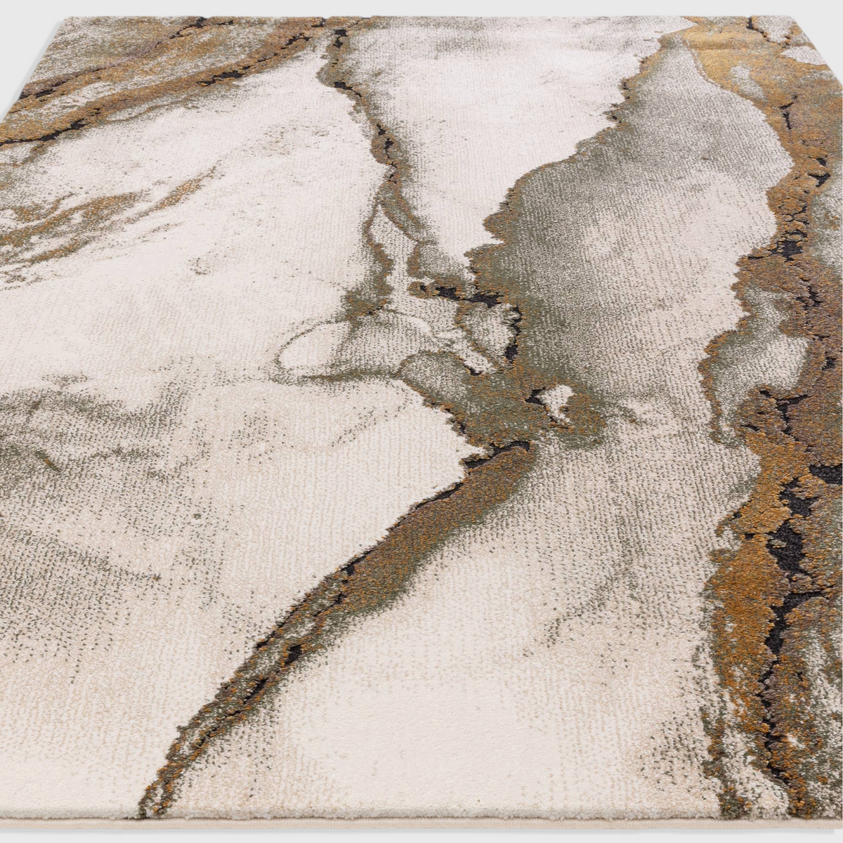 Alvo Rugs Miraga Oasis green shaggy rug with abstract high-low pile patterns in earthy tones and soft textures.