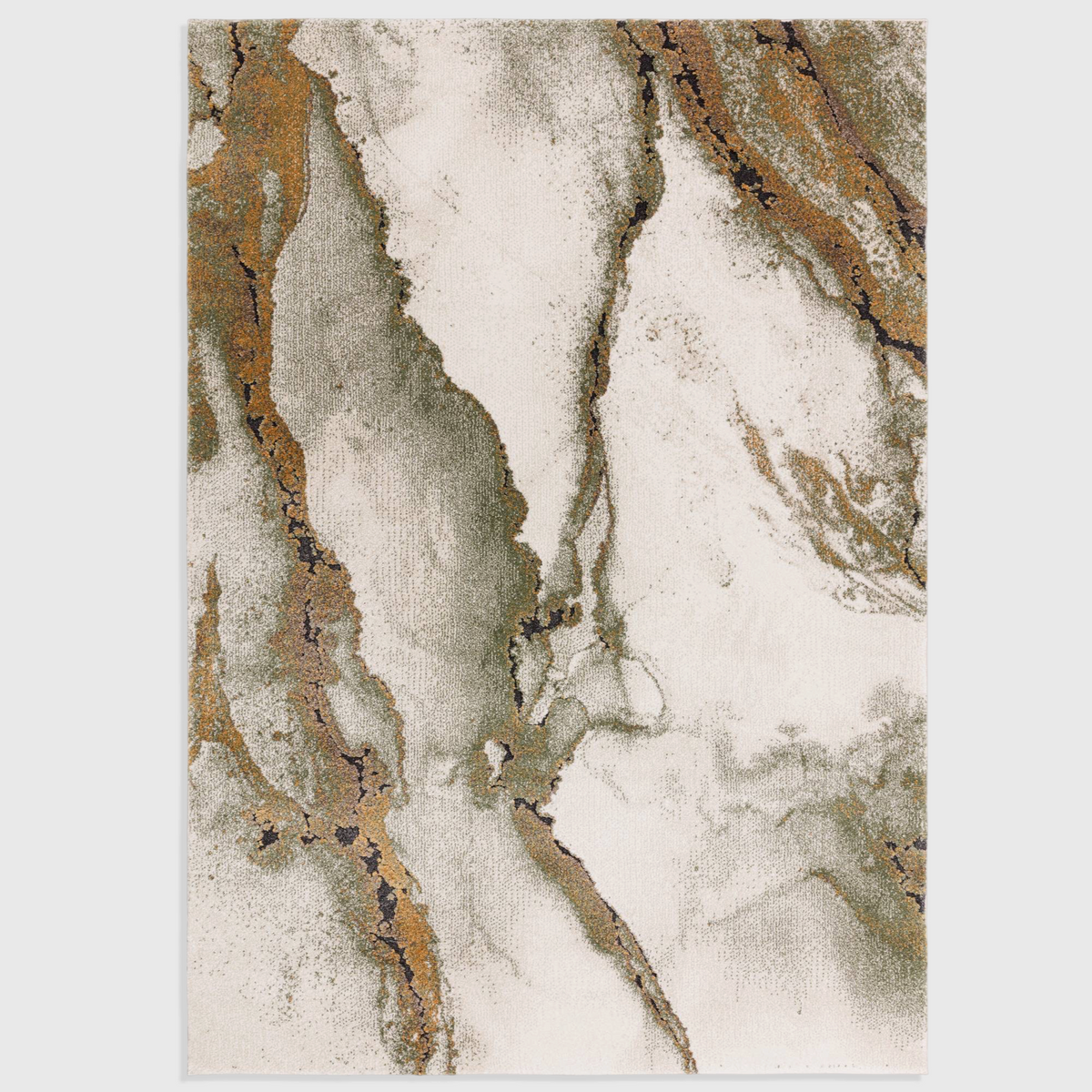 Alvo Rugs Miraga Oasis green shaggy rug with a high-low pile and abstract natural stone pattern in cream and gold.