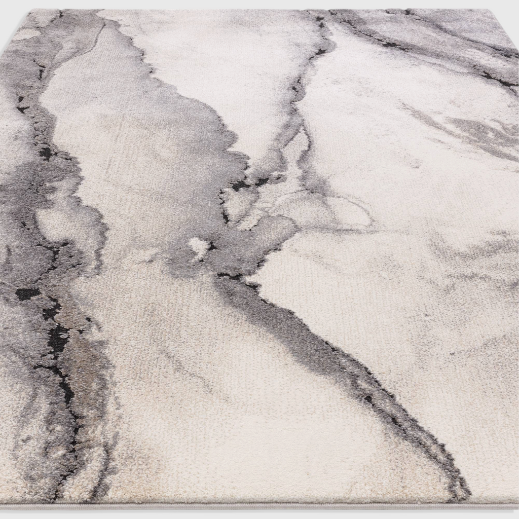 Alvo Rugs Miraga Oasis grey and silver shaggy rug with a high-low pile and abstract marble-inspired pattern.