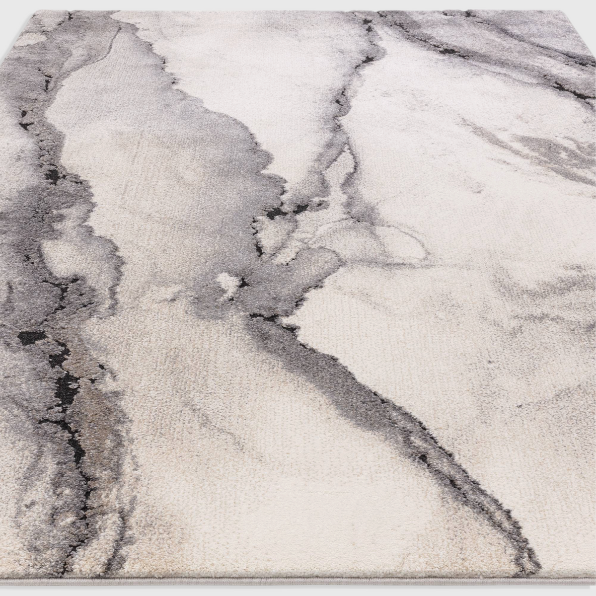 Alvo Rugs Miraga Oasis grey and silver shaggy rug with a high-low pile and abstract marble-inspired pattern.