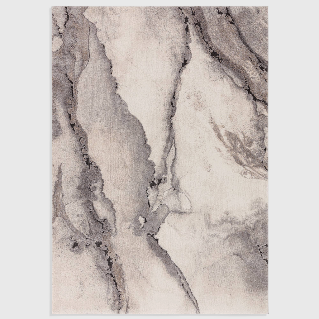 Alvo Rugs Miraga Oasis grey and silver shaggy rug with a high-low pile and abstract natural stone pattern.