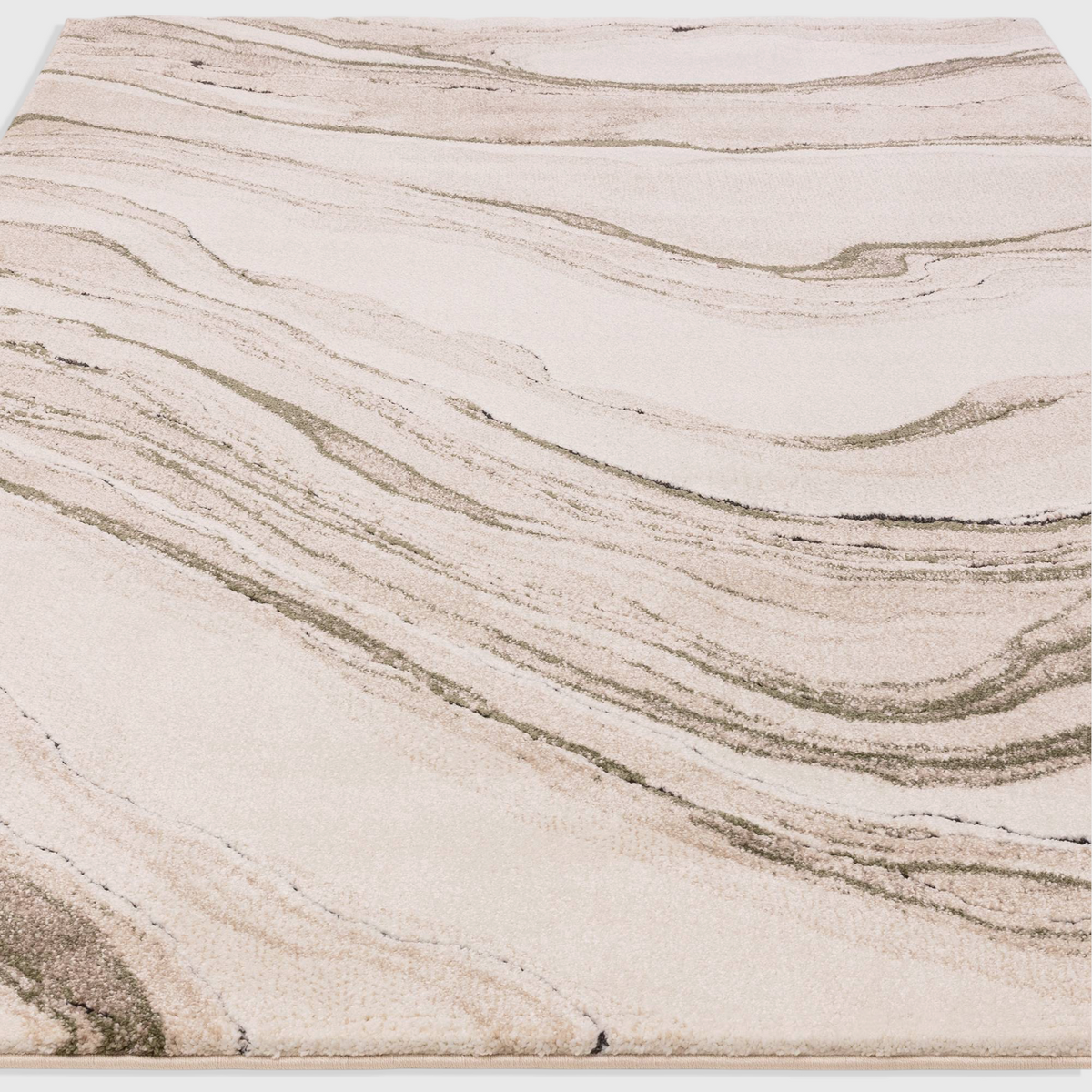Alvo Rugs Miraga Quartz Green rug with a shaggy high-low pile featuring abstract natural patterns in soft green tones.