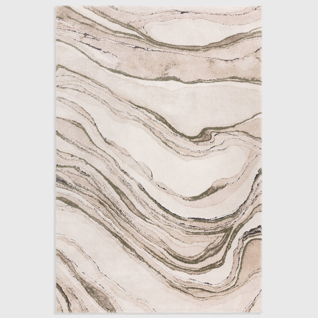 Alvo Rugs Miraga Quartz Green shaggy rug with a high-low pile and abstract natural marble-inspired patterns.