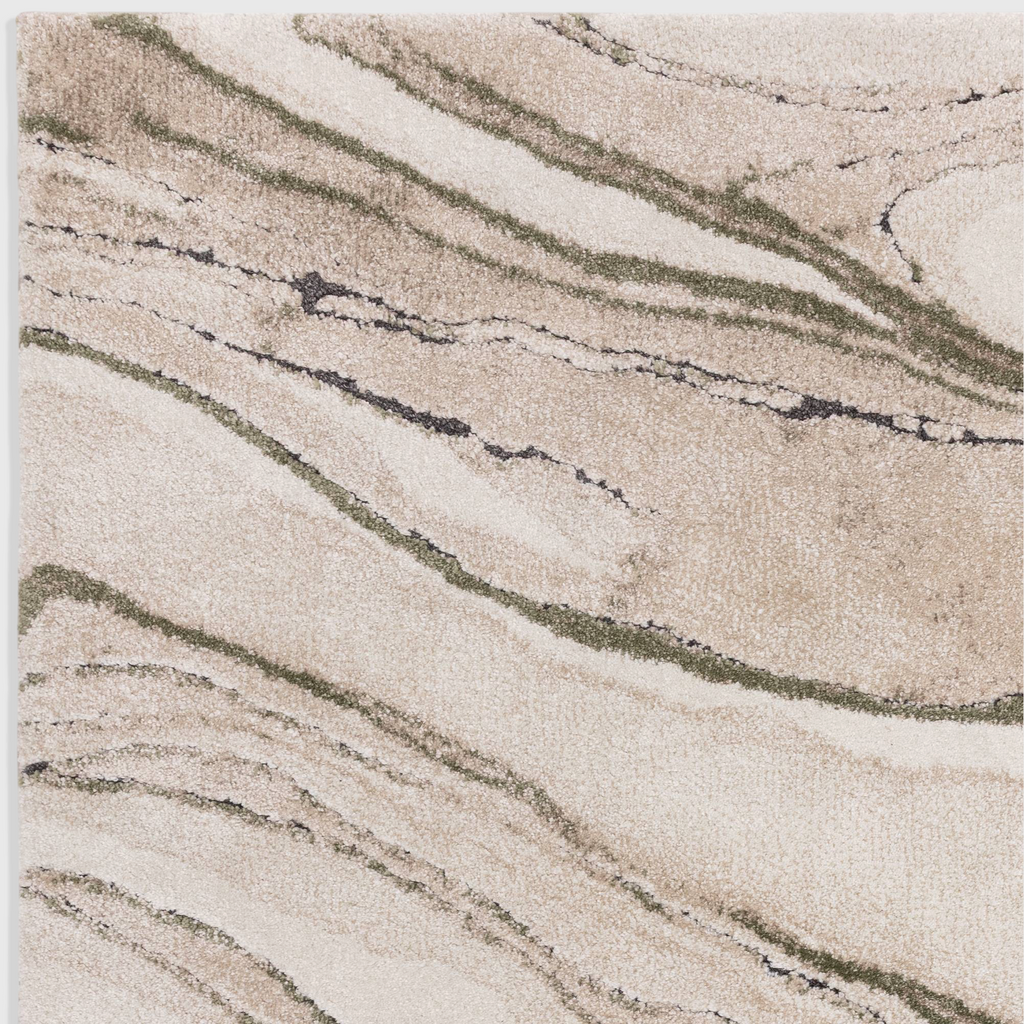 Alvo Rugs Miraga Quartz green shaggy rug with a high-low pile and abstract natural stone-inspired patterns.