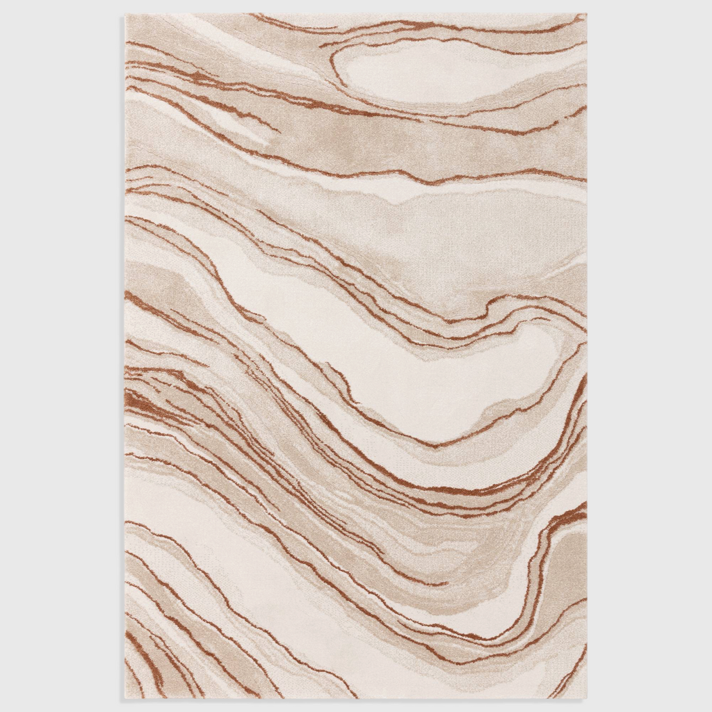 Alvo Rugs Miraga Quartz Terra shaggy rug with orange and cream abstract marble patterns and high-low pile texture.