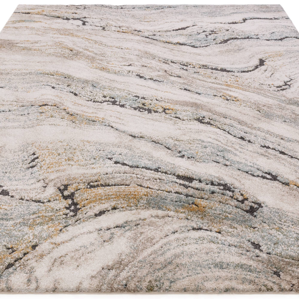 Alvo Rugs Miraga Wave blue shaggy rug with high-low pile and abstract natural patterns in soft grey and gold tones.
