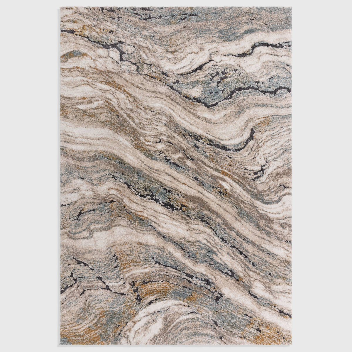 Alvo Rugs Miraga Wave blue shaggy rug with high-low pile and abstract marbled patterns in neutral and blue tones.