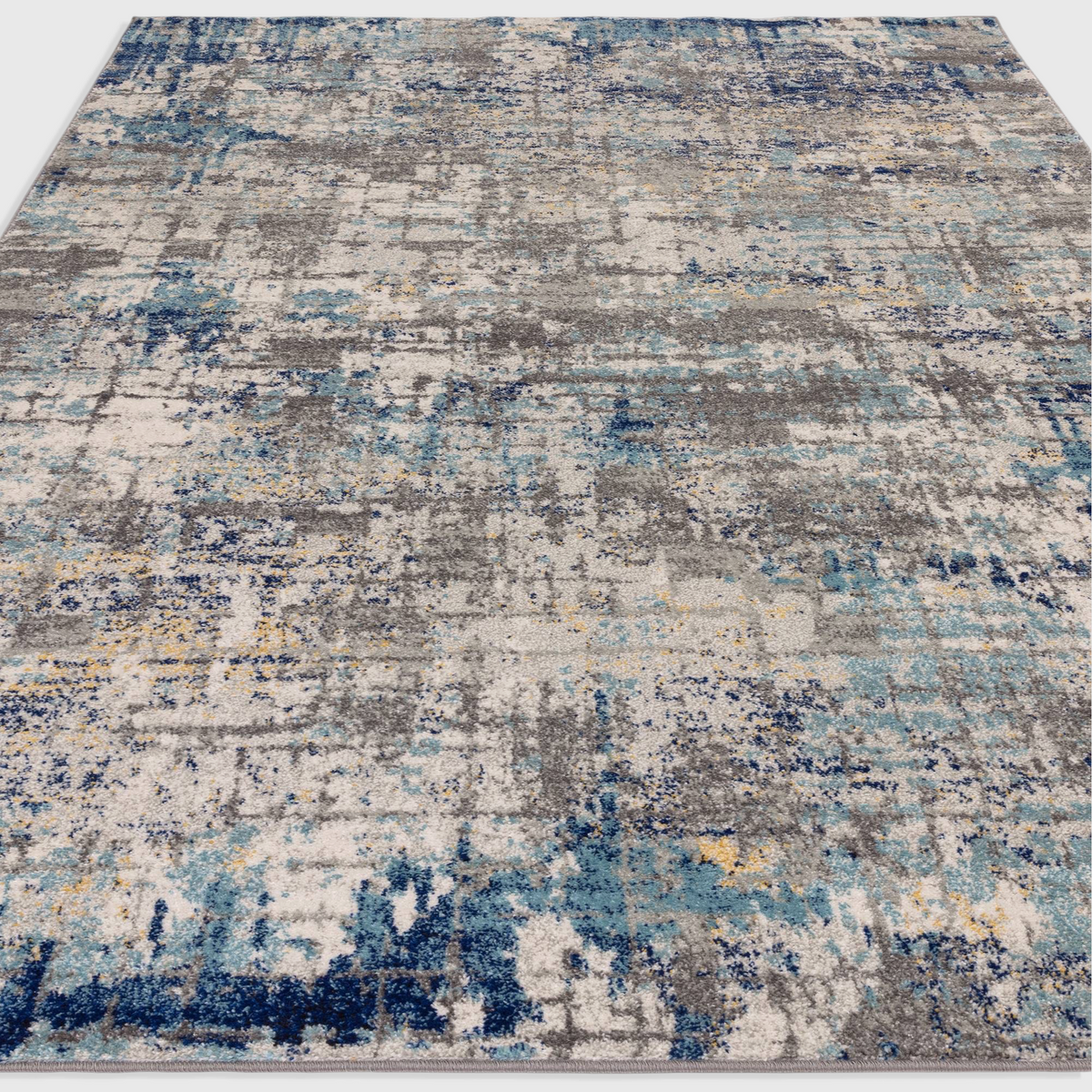 Alvo Rugs Novella Illusion Nv40 abstract area rug featuring blue, grey, and yellow tones in a durable polypropylene.