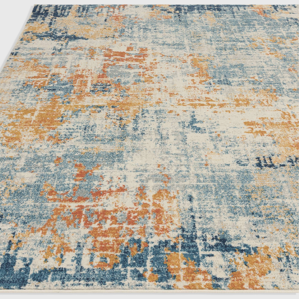 Alvo Rugs Novella Illusion Nv39 abstract rug with blue and orange distressed patterns on a cream polypropylene pile.