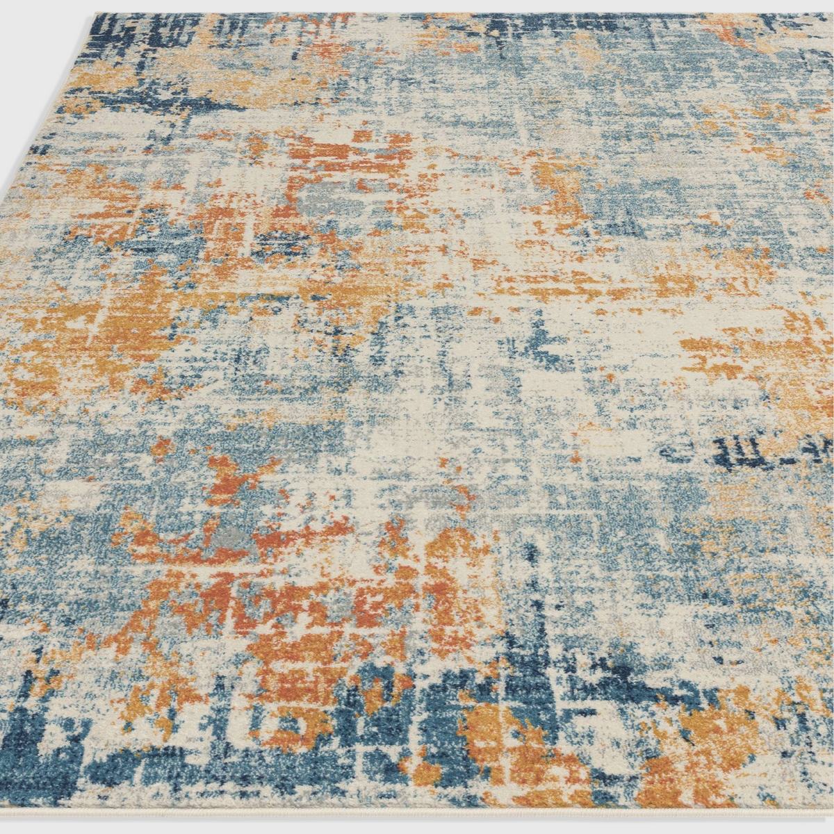 Alvo Rugs Novella Illusion Nv39 abstract rug with blue and orange distressed patterns on a cream polypropylene pile.