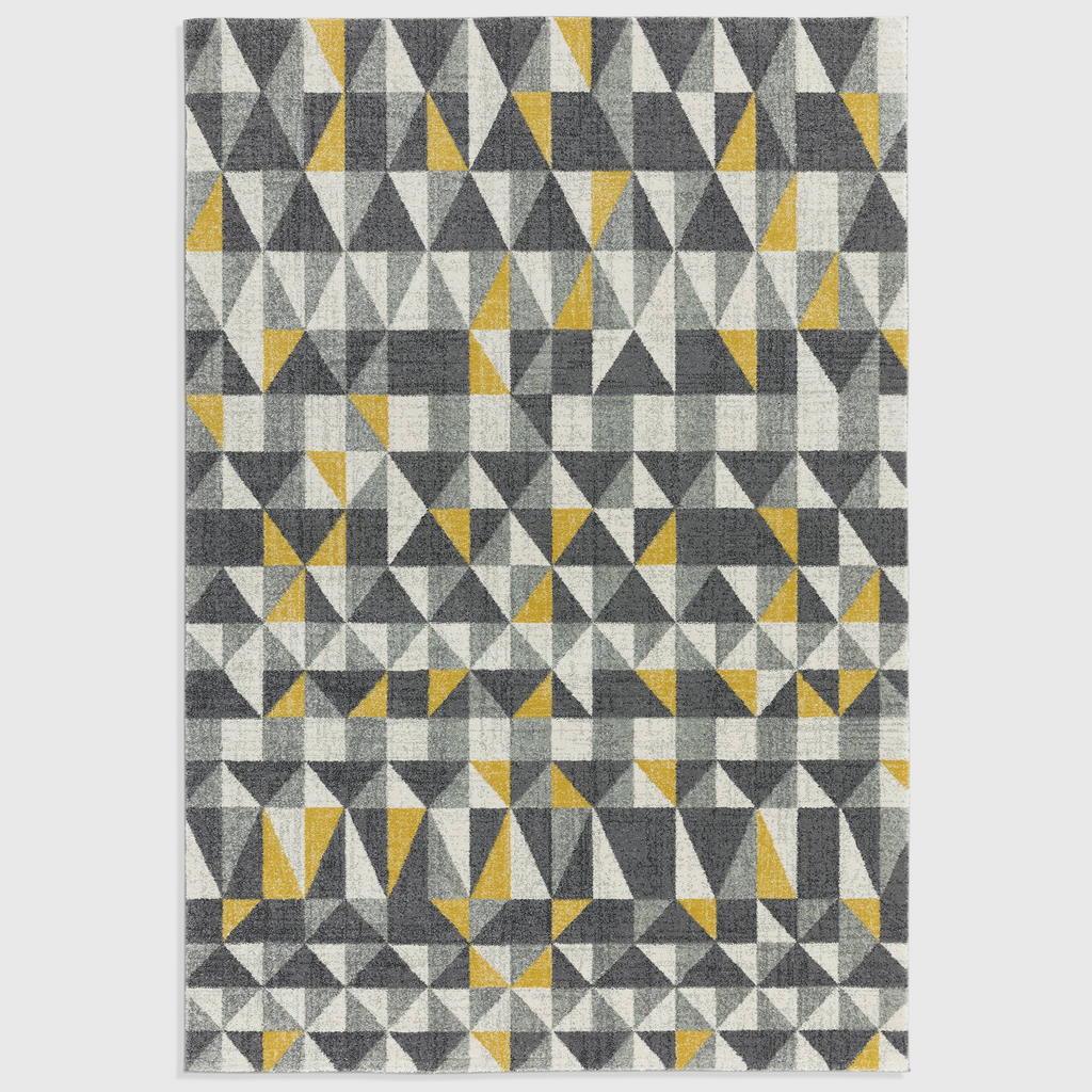 Alvo Rugs Novella Nv01 geometric flag rug in grey and yellow with a pixelated pattern, made from durable polypropylene.