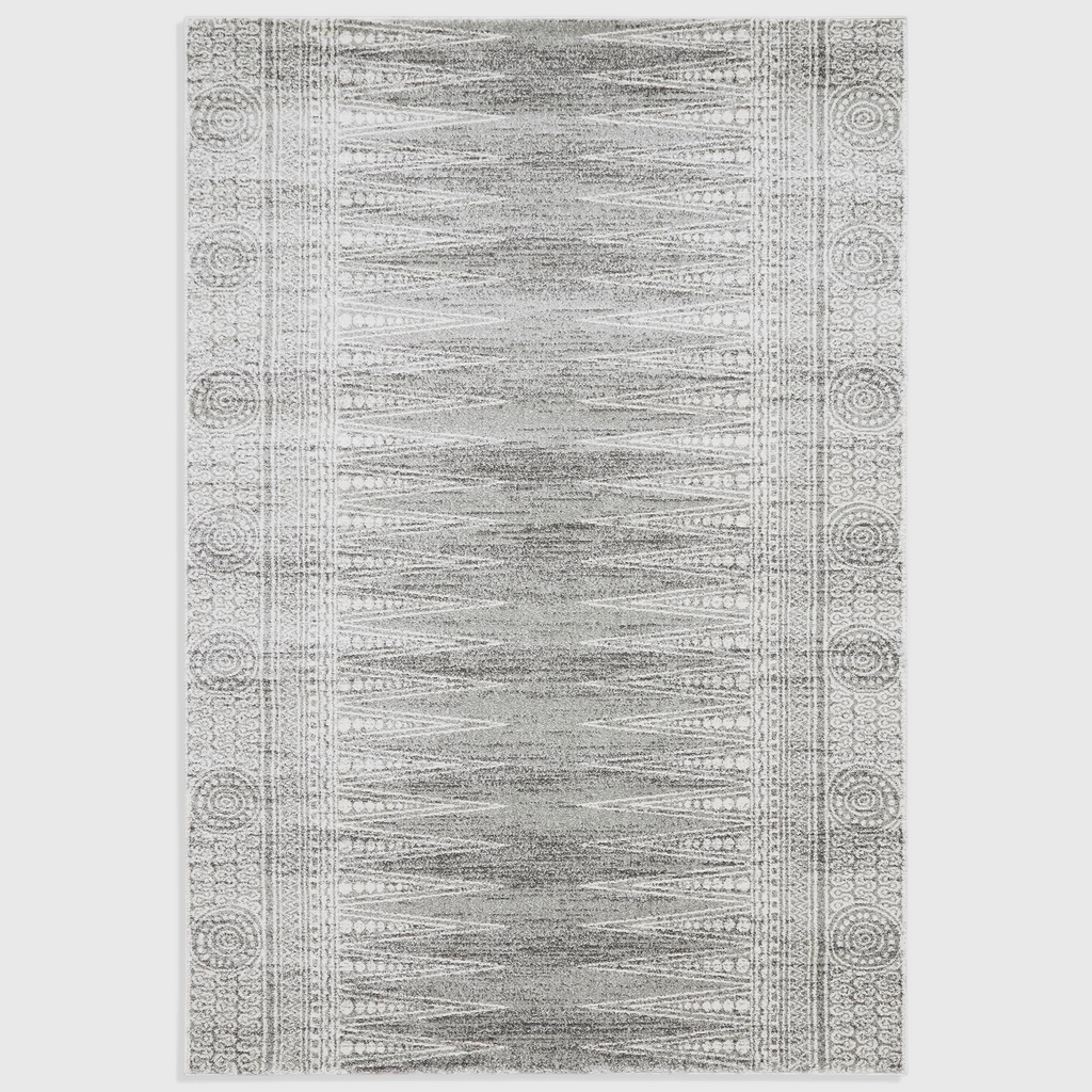 Alvo Rugs Novella Nv07 grey woven polypropylene rug with a geometric tribal pattern and decorative border
