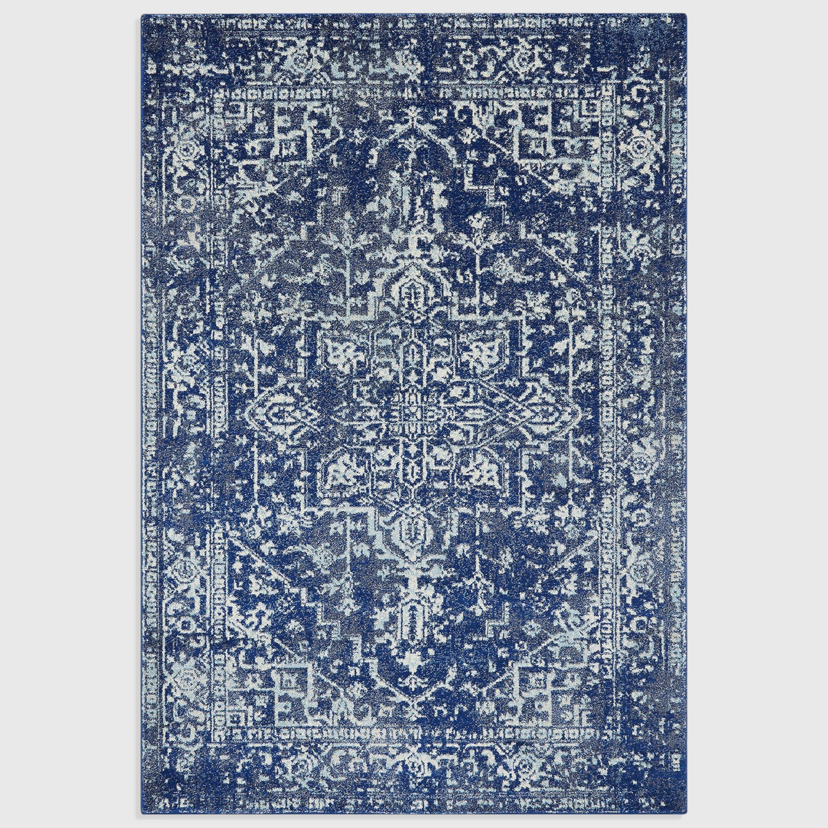 Alvo Rugs Novella antique navy blue area rug with a classic distressed medallion pattern and durable polypropylene pile