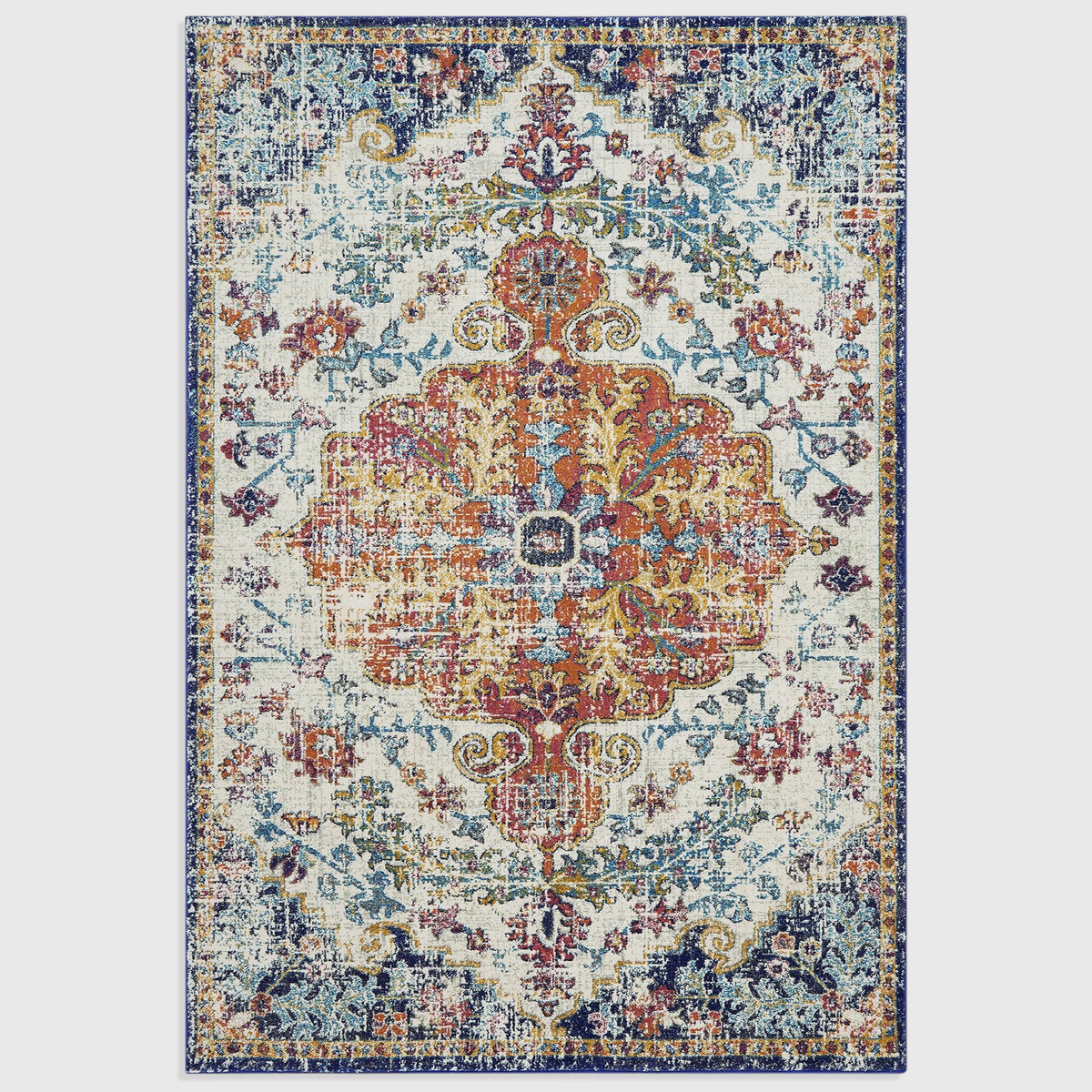 Alvo Rugs Novella Nv12 medallion area rug featuring a vibrant multi-coloured distressed pattern on a durable pile.
