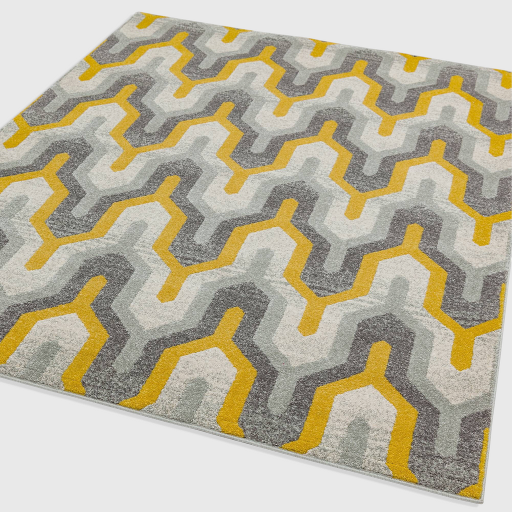 Alvo Rugs Novella Nv14 geometric rug in grey and yellow with a modern machine-woven polypropylene pattern