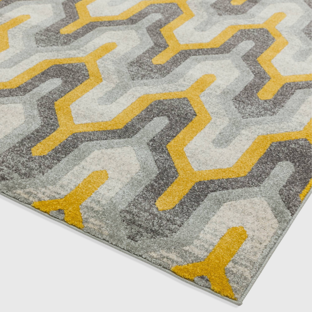 Alvo Rugs Novella Nv14 geometric area rug in yellow and grey with a modern machine-woven polypropylene pattern