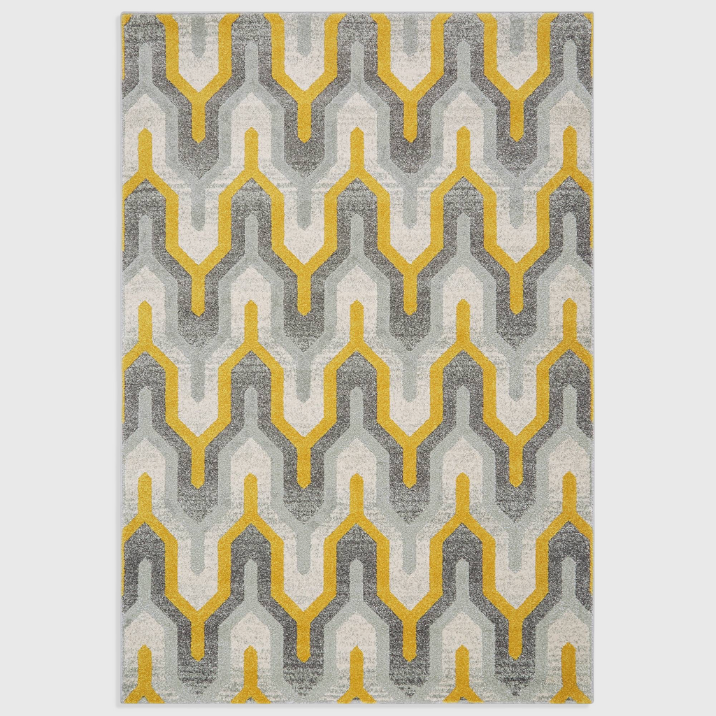 Alvo Rugs Novella Nv14 geometric area rug featuring a modern yellow and grey chevron pattern in soft polypropylene.