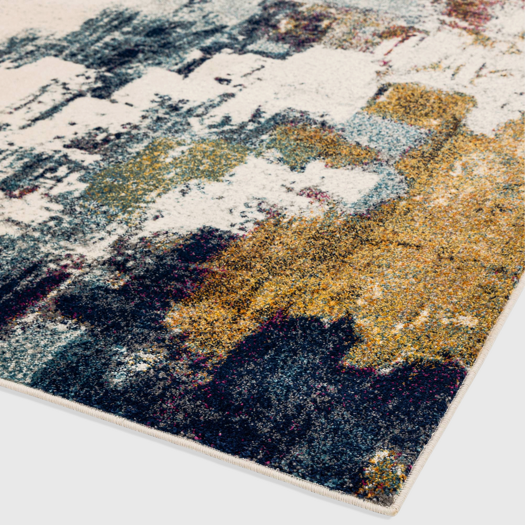 Alvo Rugs Novella mustard multi abstract area rug with a soft polypropylene pile and textured paint-stroke pattern.