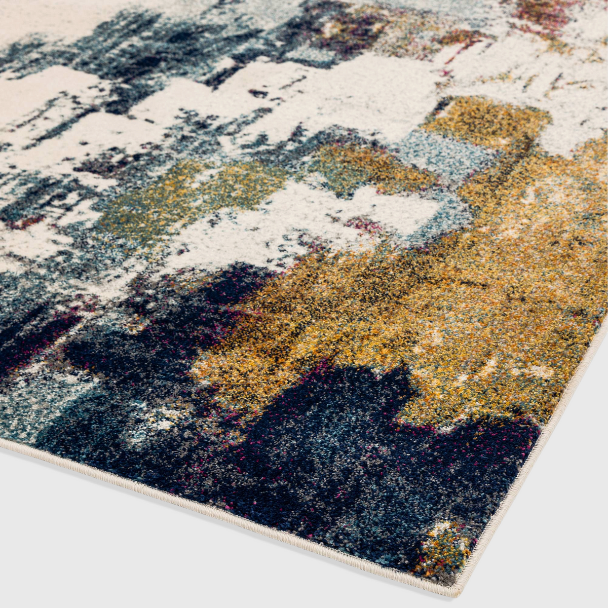 Alvo Rugs Novella mustard multi abstract area rug with a soft polypropylene pile and textured paint-stroke pattern.