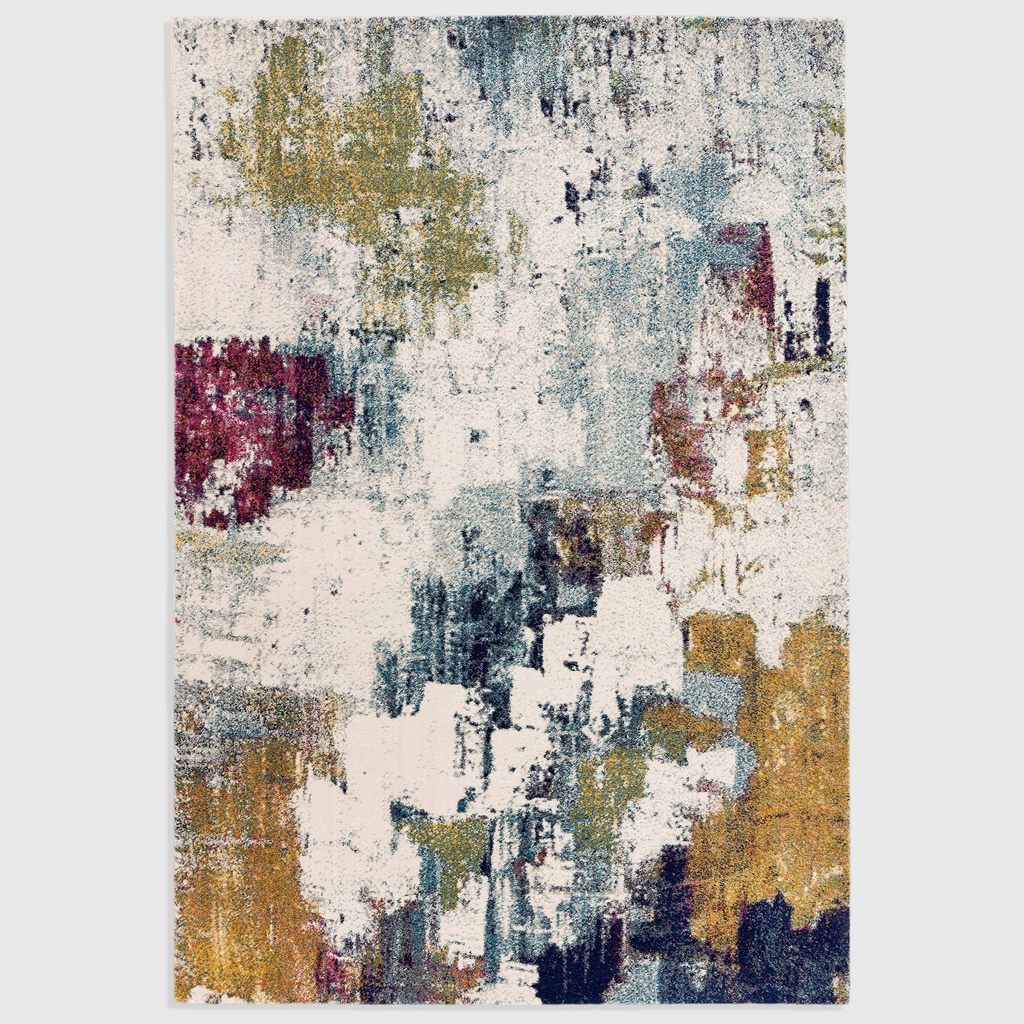 Alvo Rugs Novella mustard and multi-coloured abstract polypropylene area rug with a soft cut pile texture.