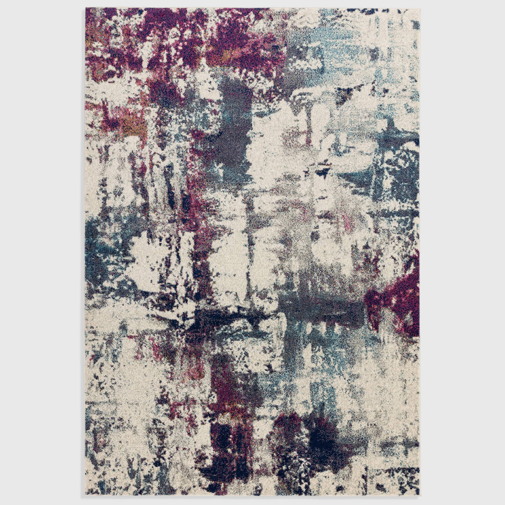 Alvo Rugs Novella Nv23 abstract area rug featuring a vibrant navy, purple, and cream distressed pattern.
