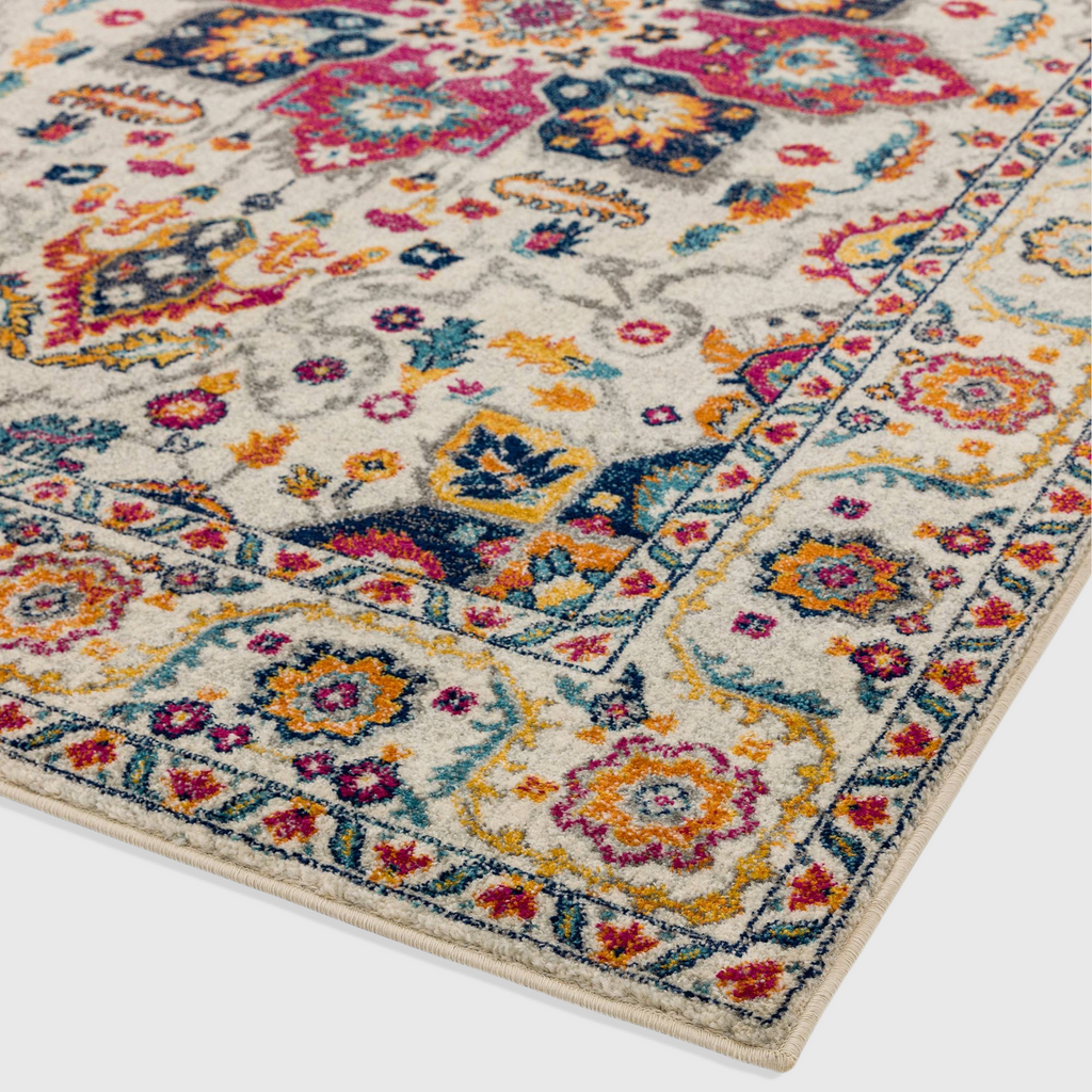 Alvo Rugs Novella Nv24 Persian style rug with a cream white base and vibrant multi-coloured floral patterns.