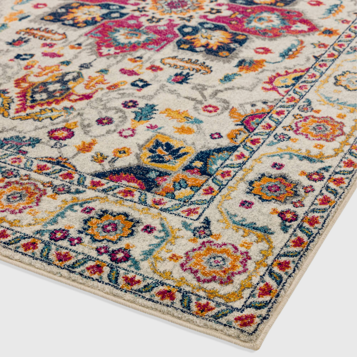 Alvo Rugs Novella Nv24 Persian style rug with a cream white base and vibrant multi-coloured floral patterns.