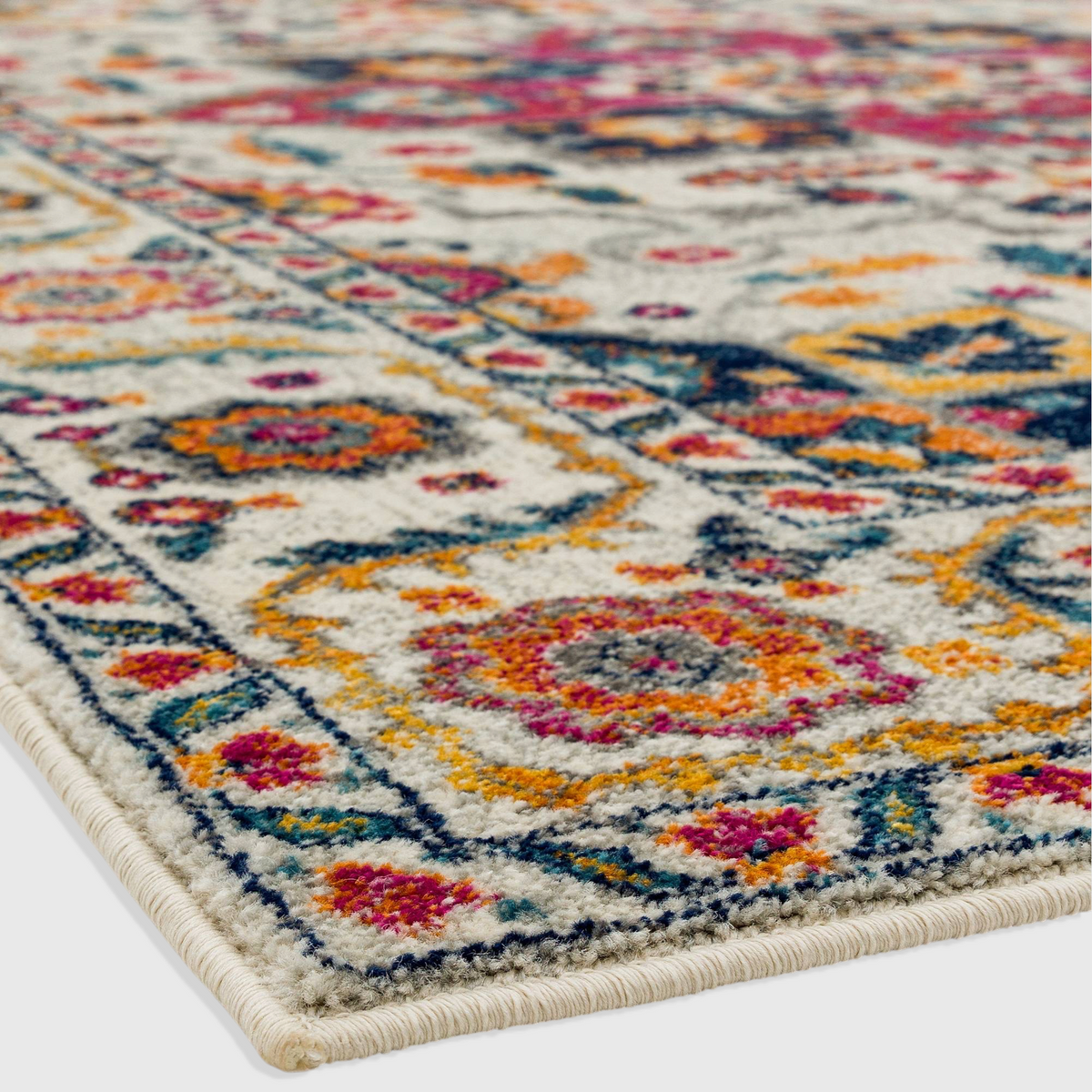 Alvo Rugs Novella Persian style area rug in white with vibrant multi-coloured floral patterns and durable pile