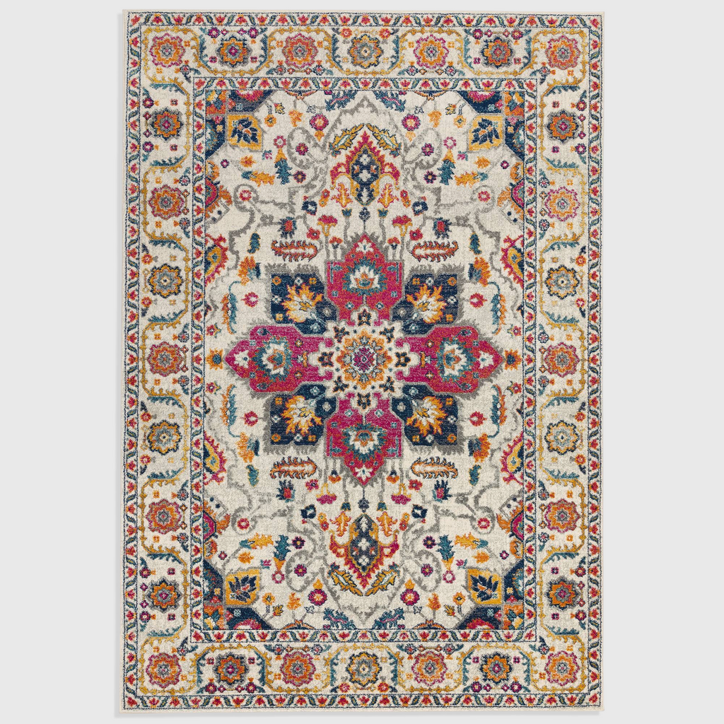 Alvo Rugs Novella Nv24 Persian style area rug with a cream white base and vibrant multi-colored floral medallion