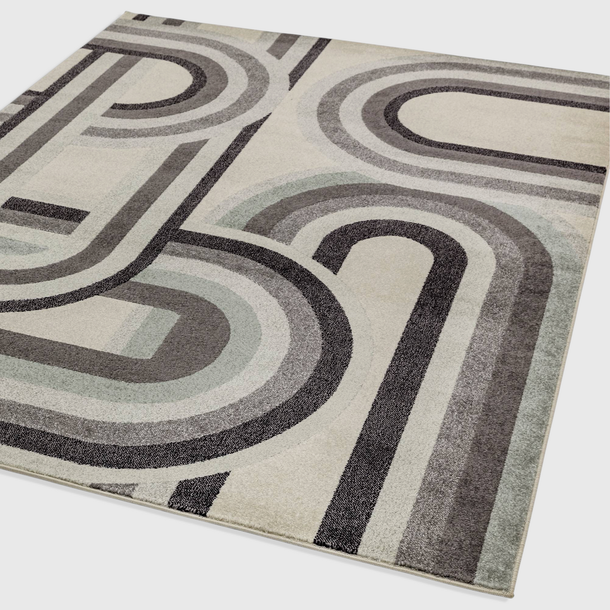 Alvo Rugs Novella retro grey area rug with modern geometric arch patterns in silver and charcoal polypropylene pile.
