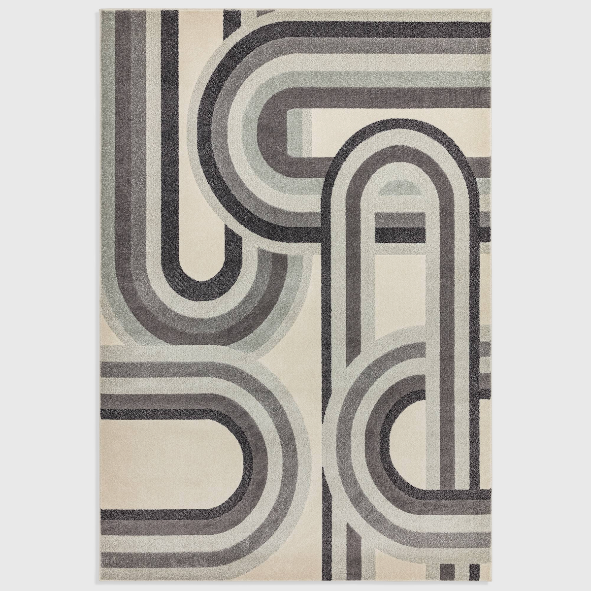 Alvo Rugs Novella Retro grey and silver area rug with a modern geometric curved line pattern in durable polypropylene.