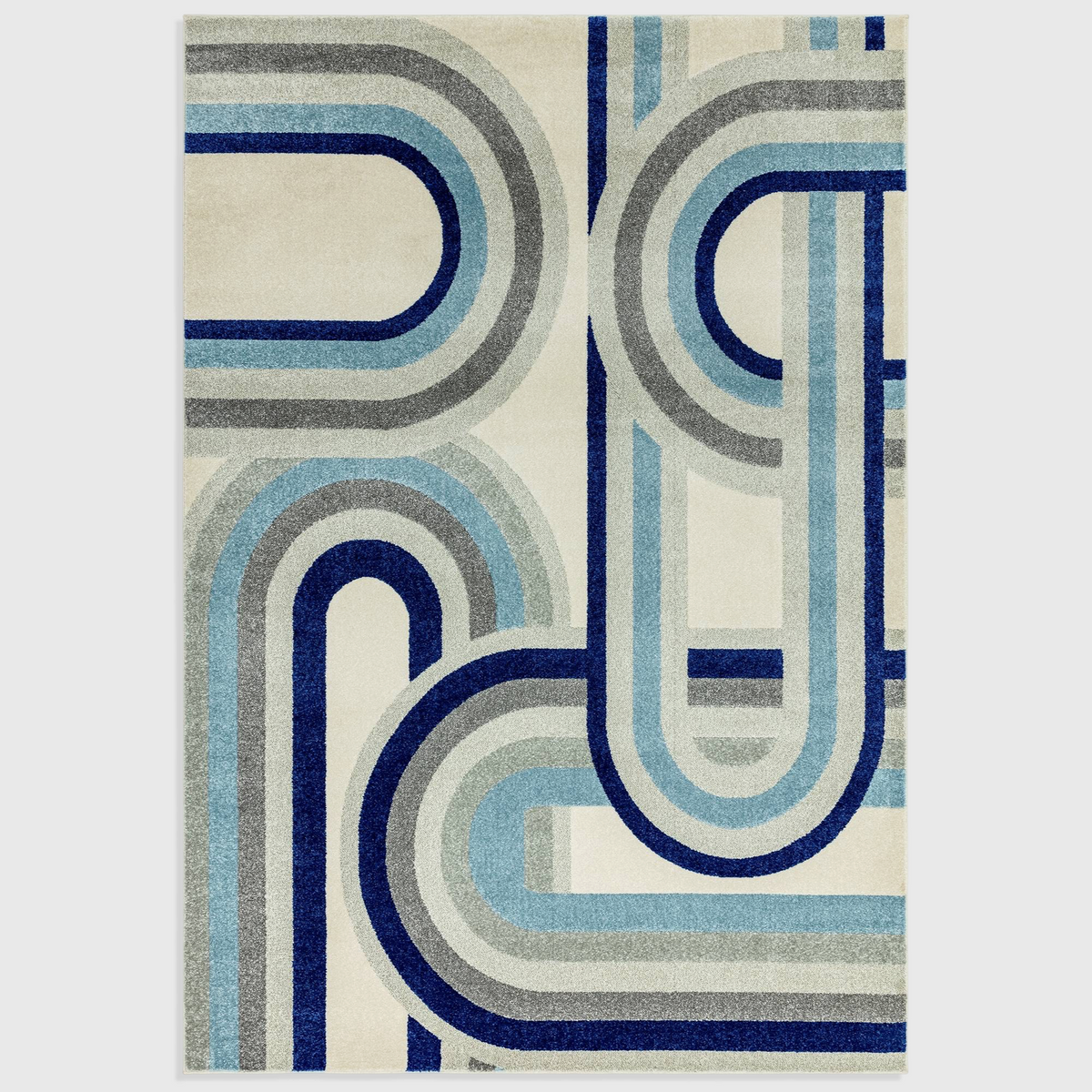 Alvo Rugs Novella retro blue rug with a modern geometric pattern of curved lines in shades of blue and grey.