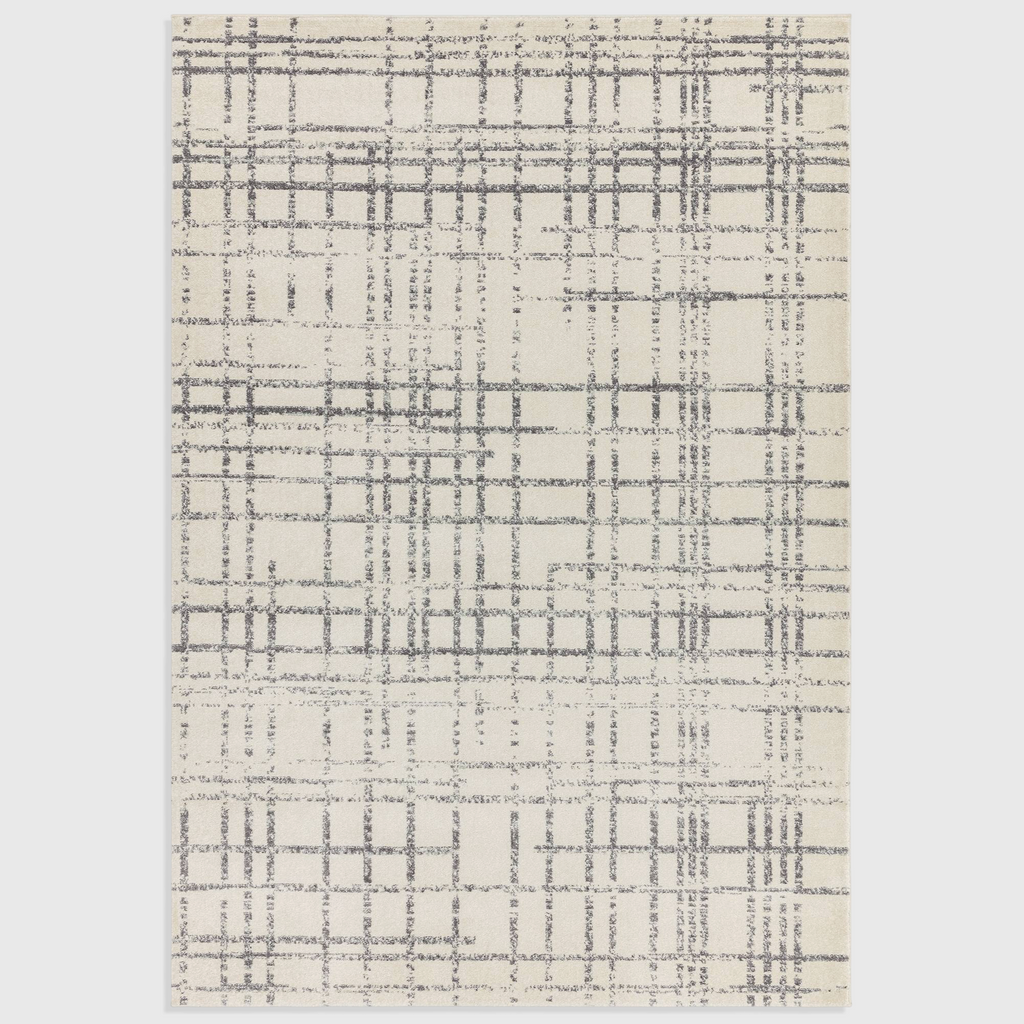 Alvo Rugs Novella Nv31 grey and silver grid pattern area rug with a modern machine-woven polypropylene cut pile.