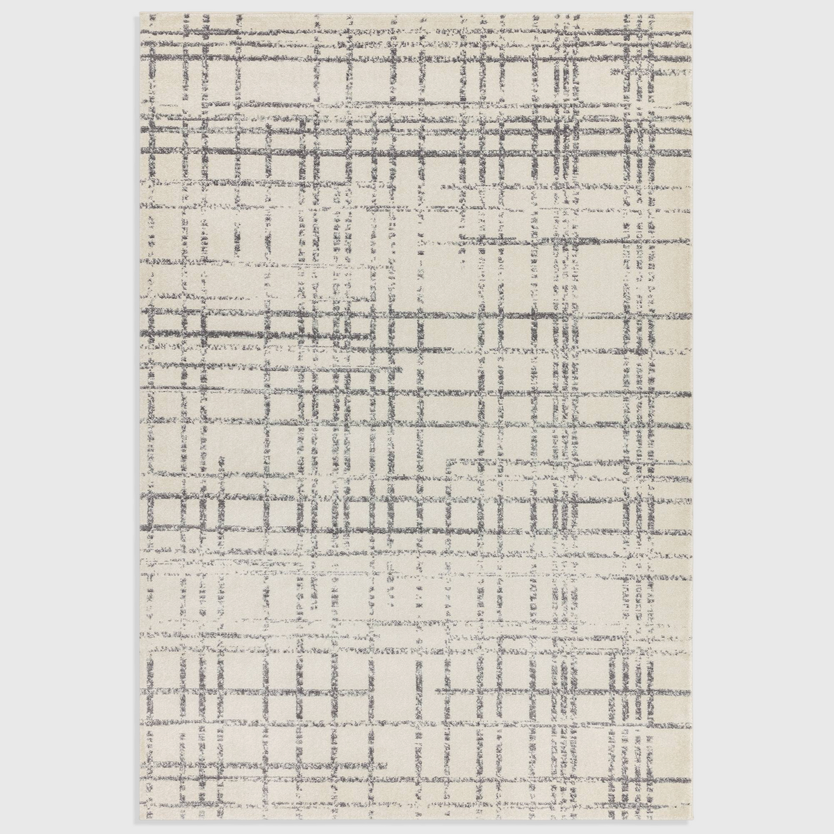 Alvo Rugs Novella Nv31 grey and silver grid pattern area rug with a modern machine-woven polypropylene cut pile.