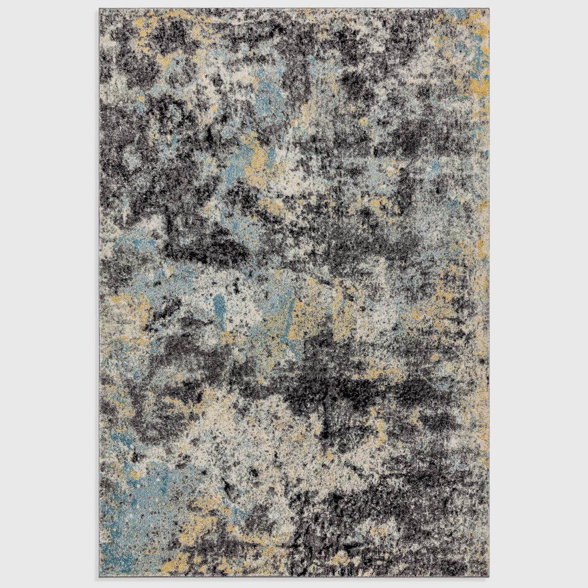 Alvo Rugs Novella Nv32 abstract area rug featuring a vibrant blue, grey, and yellow distressed pattern.