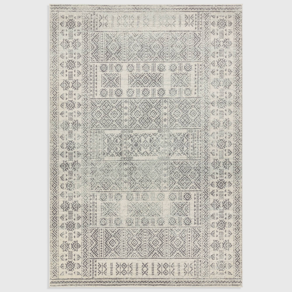 Alvo Rugs Novella Nv33 tribal grey rug with a Moroccan-inspired pattern and durable polypropylene pile.