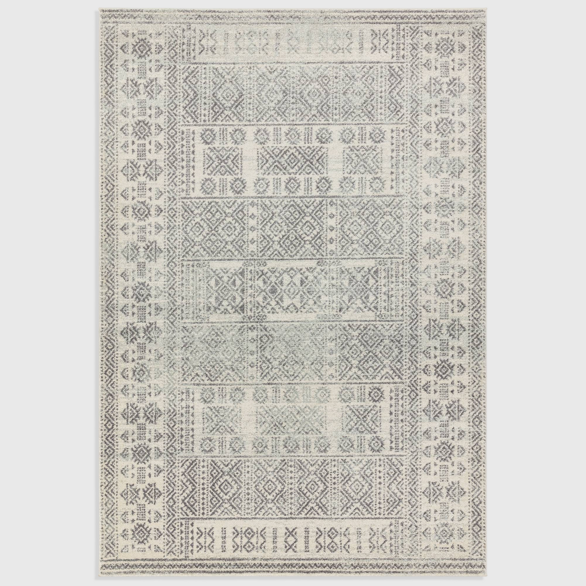 Alvo Rugs Novella Nv33 tribal grey rug with a Moroccan-inspired pattern and durable polypropylene pile.