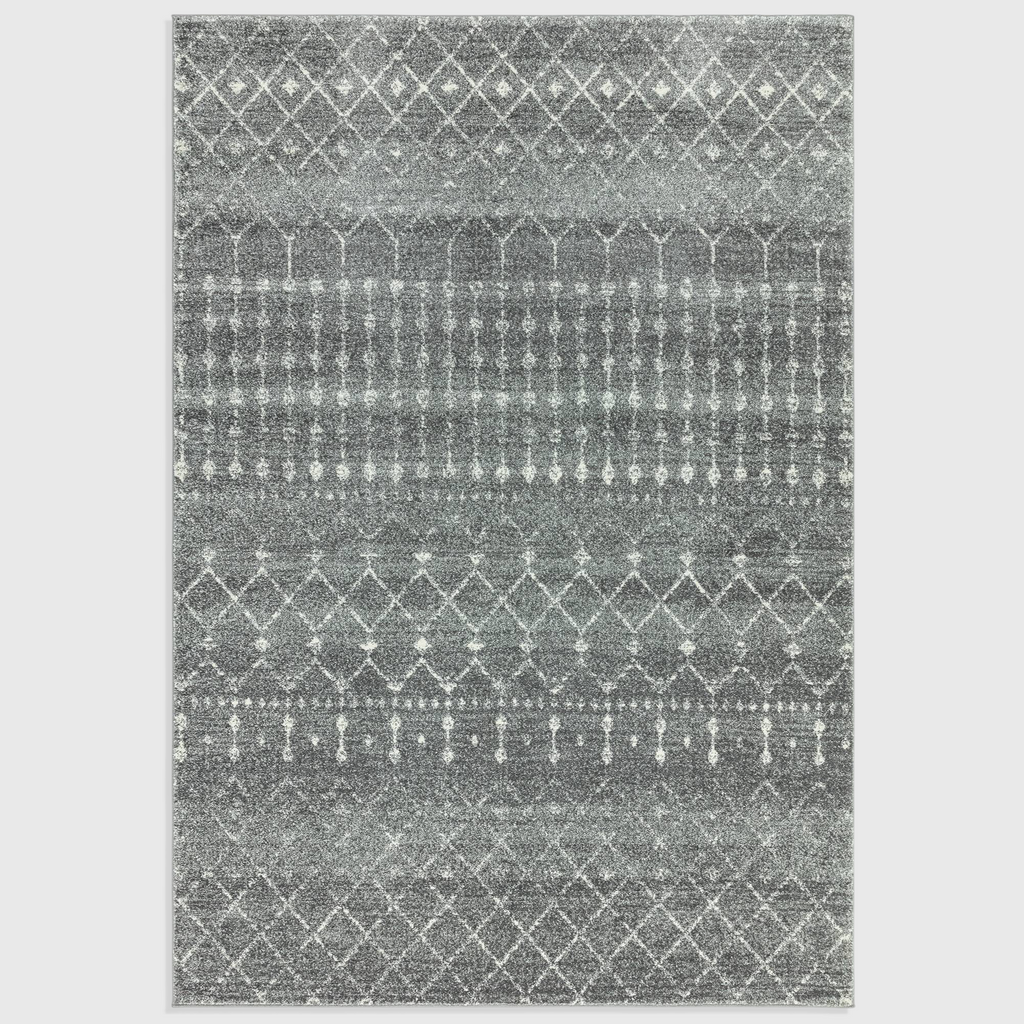 Alvo Rugs Novella dark grey Moroccan style area rug with intricate white geometric patterns and soft polypropylene pile