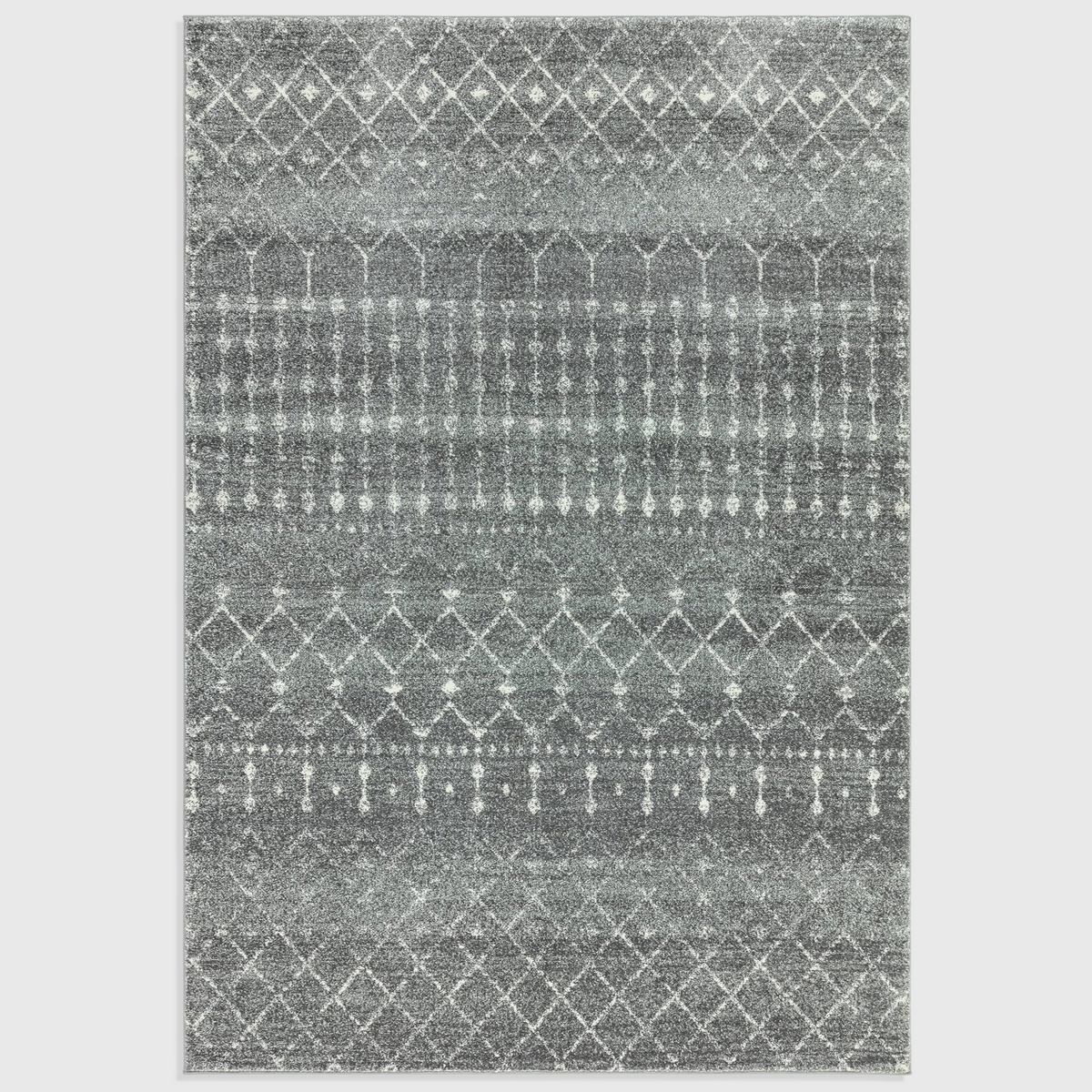Alvo Rugs Novella dark grey Moroccan style area rug with intricate white geometric patterns and soft polypropylene pile