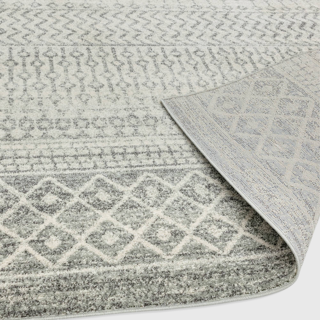 Alvo Rugs Novella Nv35 grey Aztec rug with Moroccan pattern and visible jute backing detail